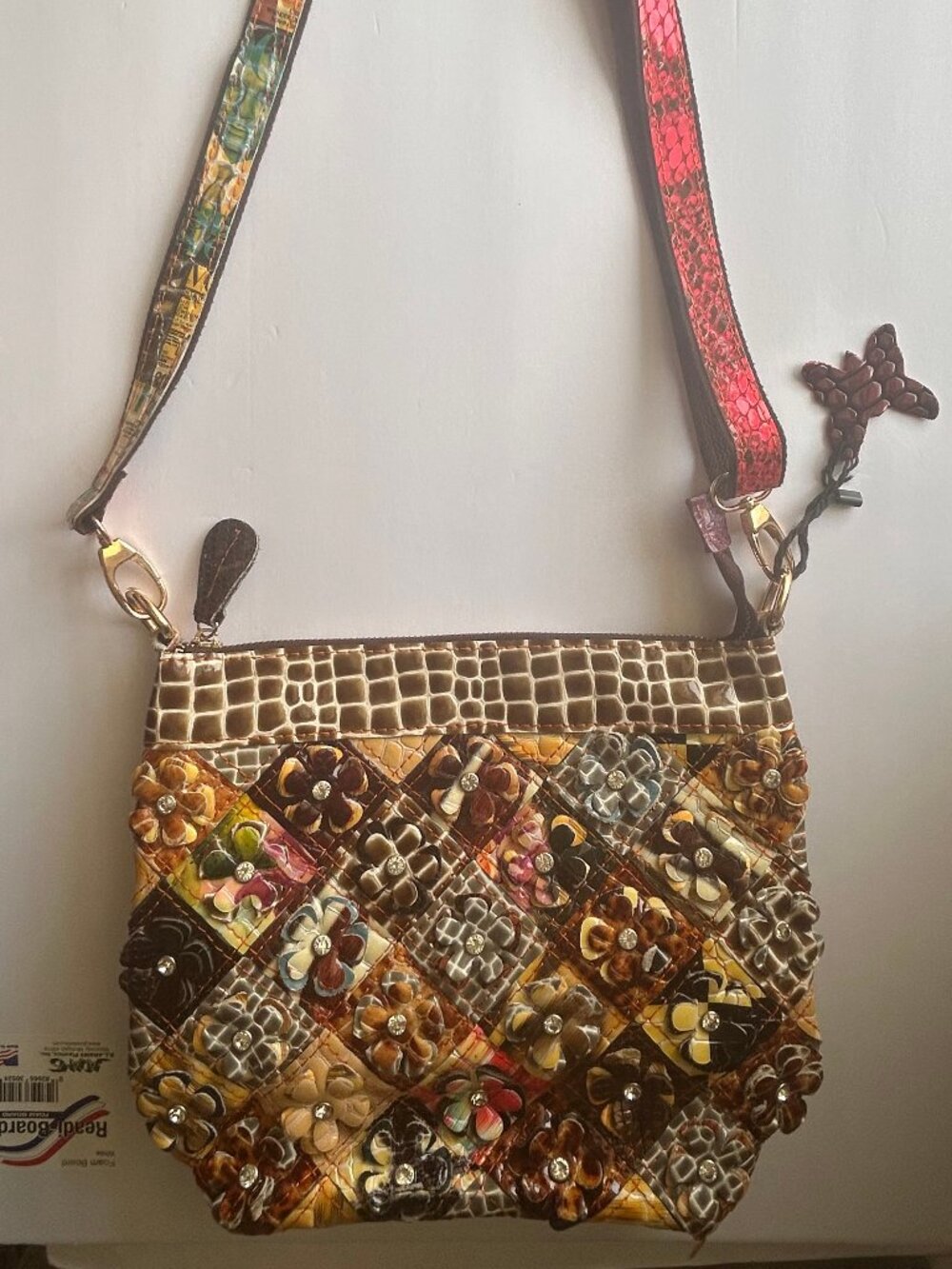 Boho Patchwork Floral Embossed Crossbody Bag | 3D Appliqué Flowers w/Rhinestone - Picture 3 of 15